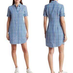 Theory Mayvine Dillon Plaid Linen Mini Shirt Dress Women 4 Blue White Preppy NWT